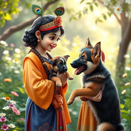 A delightful scene depicting a girl joyfully showing a German Shepherd puppy to Lord Krishna
