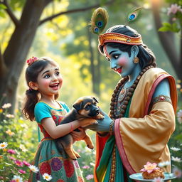 A delightful scene depicting a girl joyfully showing a German Shepherd puppy to Lord Krishna