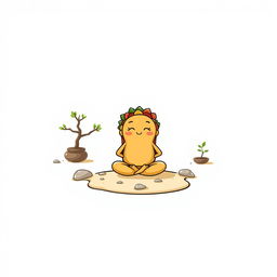 A gray t-shirt design featuring a whimsical cartoon-style taco meditating in a Zen garden on the front, with a clean white background