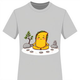 A gray t-shirt design featuring a whimsical cartoon-style taco meditating in a Zen garden on the front, with a clean white background