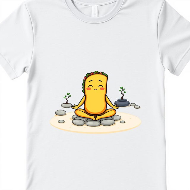 A gray t-shirt design featuring a whimsical cartoon-style taco meditating in a Zen garden on the front, with a clean white background