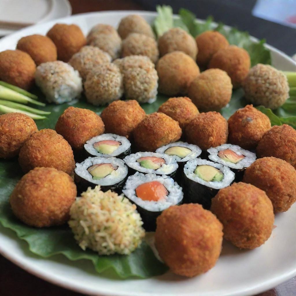 A beautifully presented platter of fresh sushi rolls and crispy falafel balls.