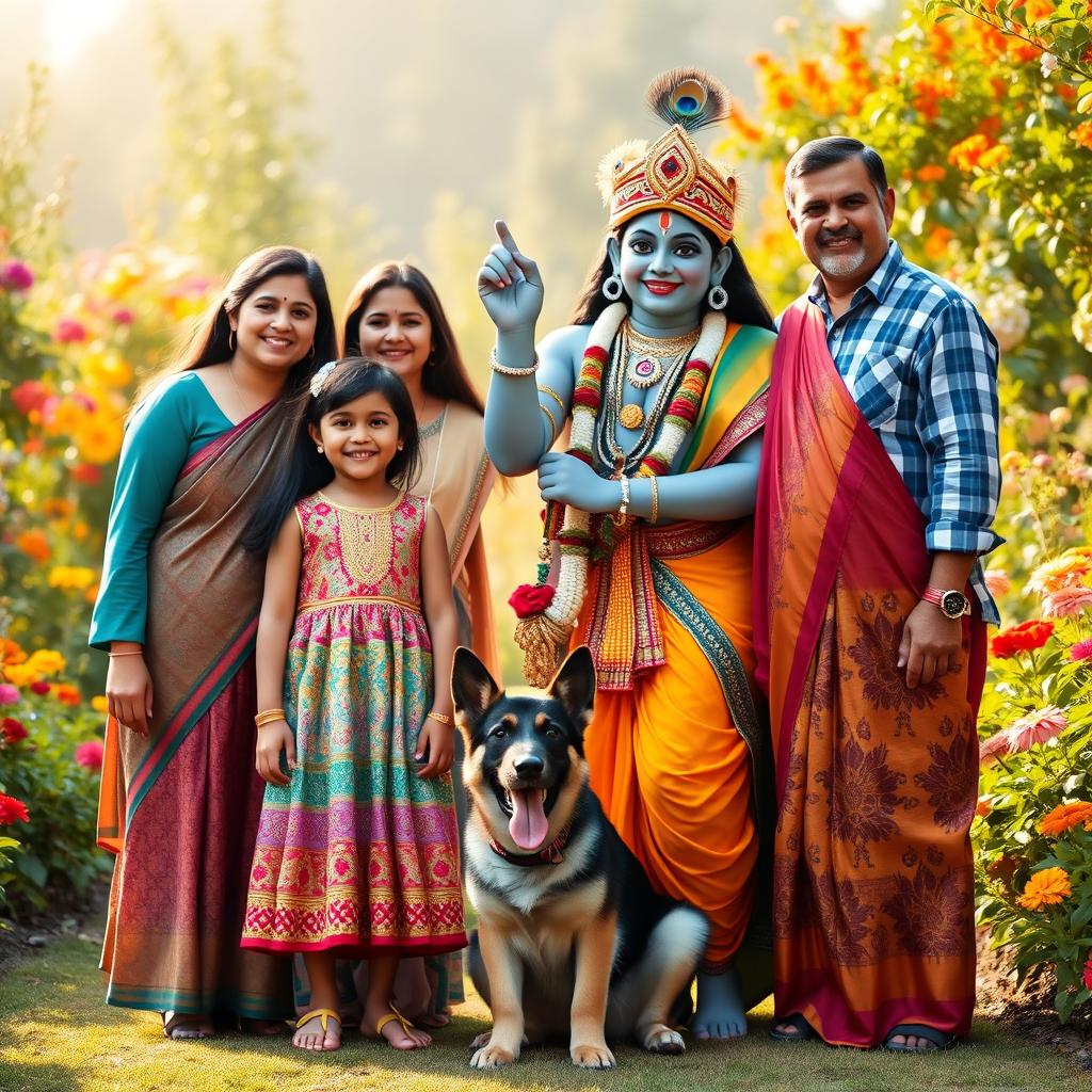 A joyful family portrait featuring a girl with her family alongside Lord Krishna and a playful German Shepherd puppy