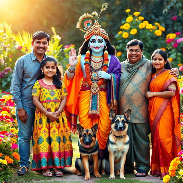 A joyful family portrait featuring a girl with her family alongside Lord Krishna and a playful German Shepherd puppy