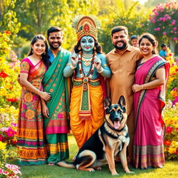 A joyful family portrait featuring a girl with her family alongside Lord Krishna and a playful German Shepherd puppy