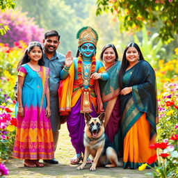A joyful family portrait featuring a girl with her family alongside Lord Krishna and a playful German Shepherd puppy