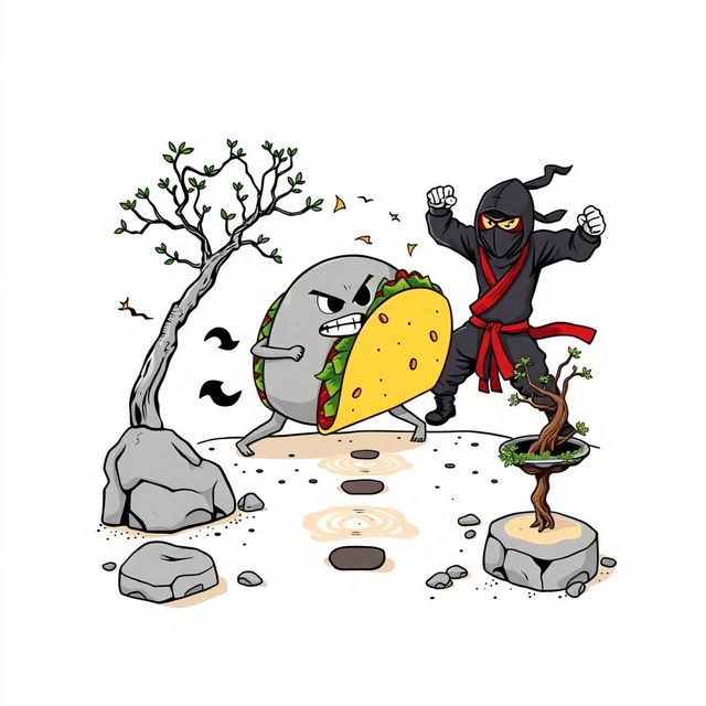 A whimsical illustration depicting a gray taco battling a ninja in a zen garden, featuring detailed elements like rocks, raked sand patterns, and bonsai trees