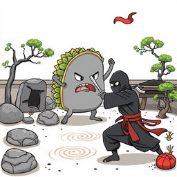 A whimsical illustration depicting a gray taco battling a ninja in a zen garden, featuring detailed elements like rocks, raked sand patterns, and bonsai trees