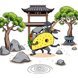 A whimsical illustration depicting a gray taco battling a ninja in a zen garden, featuring detailed elements like rocks, raked sand patterns, and bonsai trees