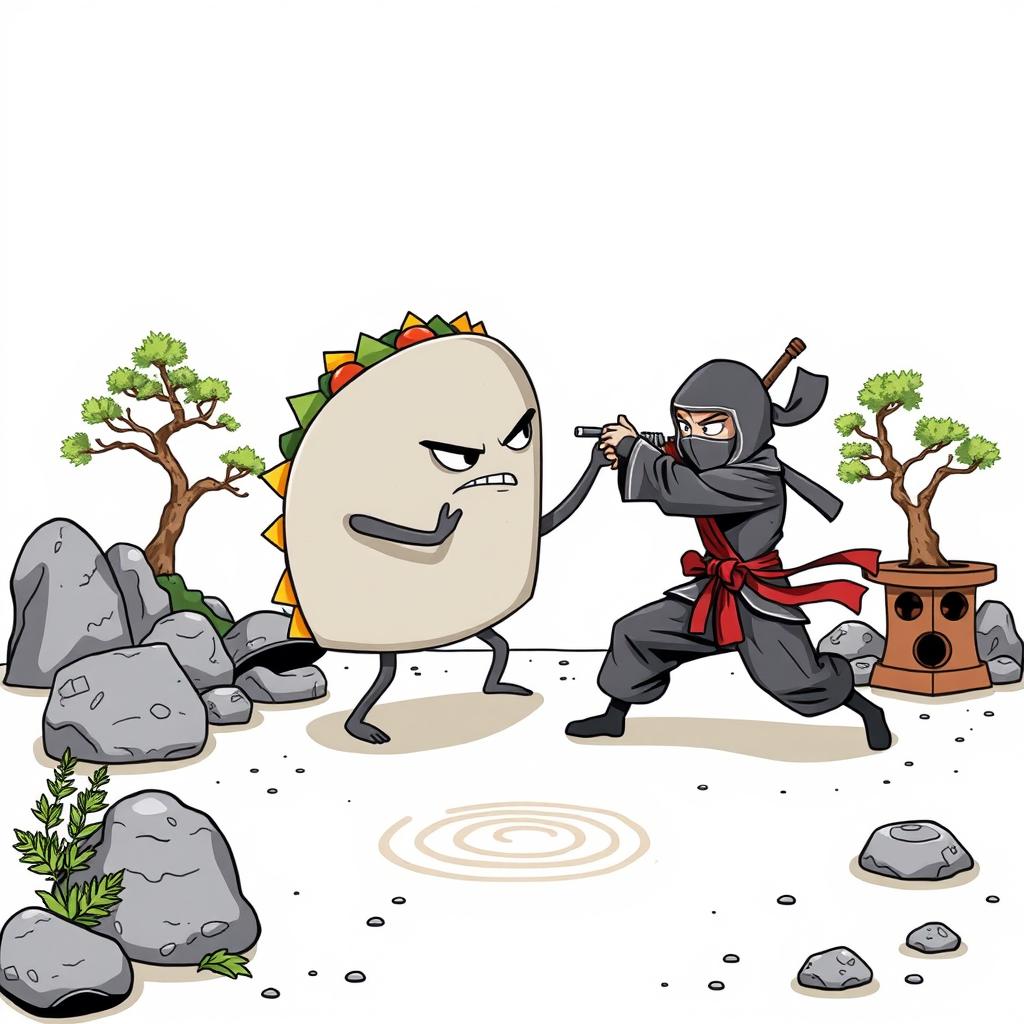 A whimsical illustration depicting a gray taco battling a ninja in a zen garden, featuring detailed elements like rocks, raked sand patterns, and bonsai trees