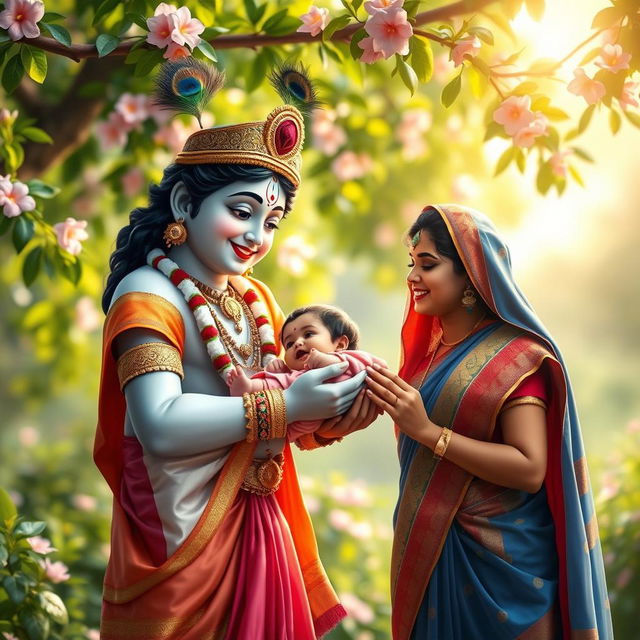 An enchanting scene depicting Lord Krishna gently passing a baby girl to her eagerly awaiting parents