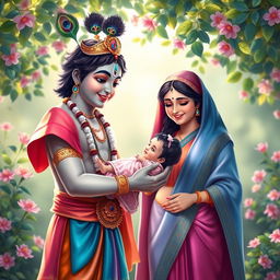 An enchanting scene depicting Lord Krishna gently passing a baby girl to her eagerly awaiting parents