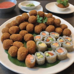 A beautifully presented platter of fresh sushi rolls and crispy falafel balls.