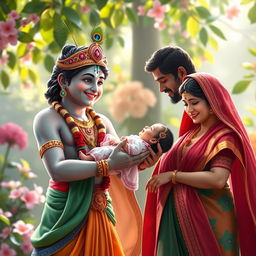 An enchanting scene depicting Lord Krishna gently passing a baby girl to her eagerly awaiting parents