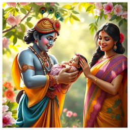 An enchanting scene depicting Lord Krishna gently passing a baby girl to her eagerly awaiting parents