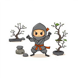 A playful illustration featuring a gray taco with an orange tortilla training to become a ninja in a zen garden