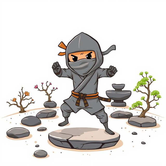 A playful illustration featuring a gray taco with an orange tortilla training to become a ninja in a zen garden