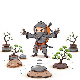 A playful illustration featuring a gray taco with an orange tortilla training to become a ninja in a zen garden