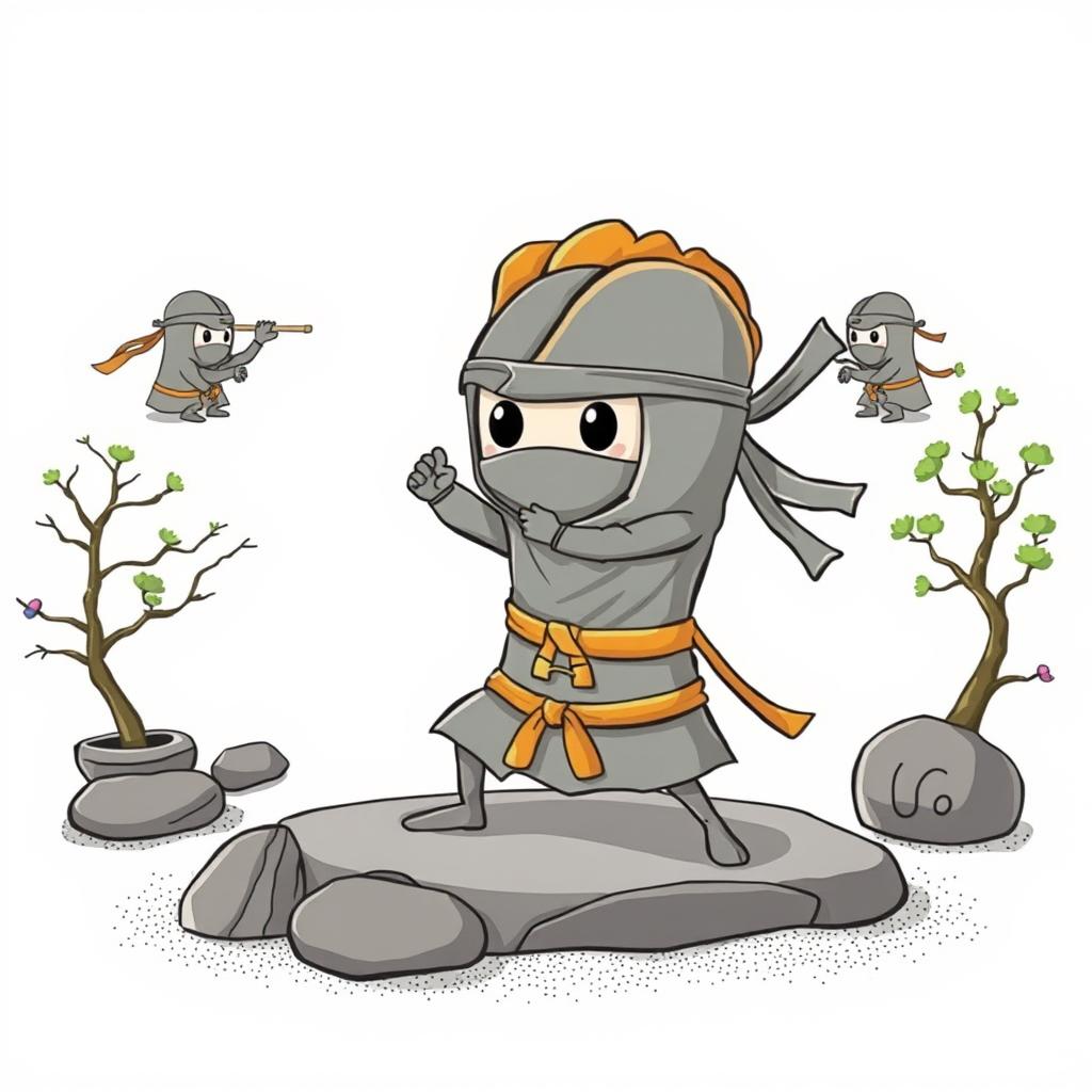 A playful illustration featuring a gray taco with an orange tortilla training to become a ninja in a zen garden