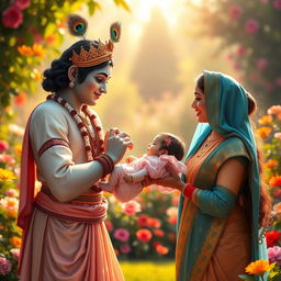 A heartwarming scene of Lord Krishna graciously passing a baby girl to her loving parents