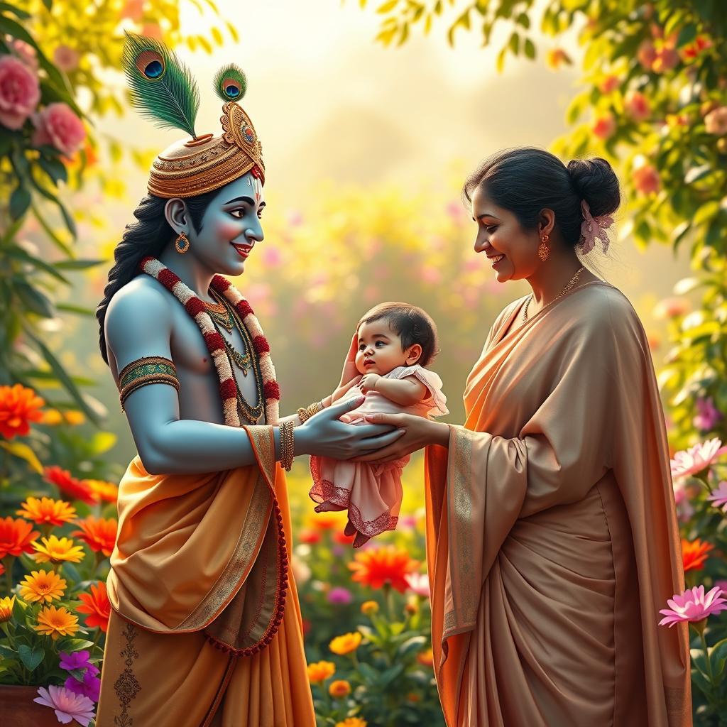 A heartwarming scene of Lord Krishna graciously passing a baby girl to her loving parents