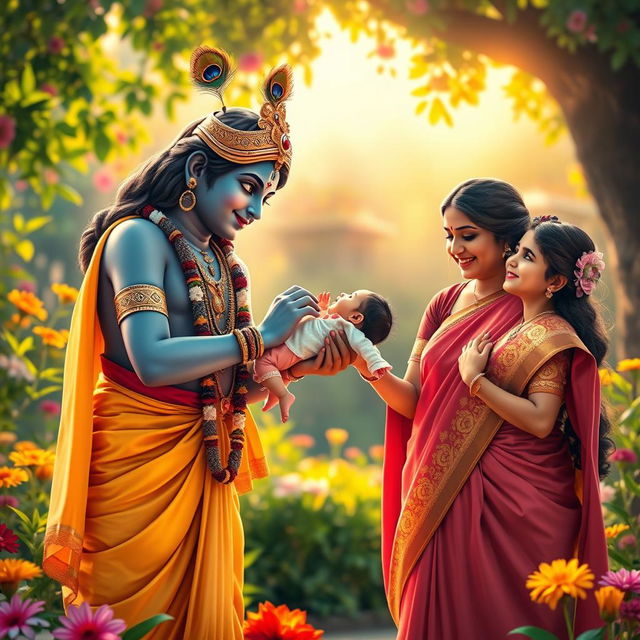 A heartwarming scene of Lord Krishna graciously passing a baby girl to her loving parents