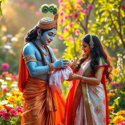 A heartwarming scene of Lord Krishna graciously passing a baby girl to her loving parents