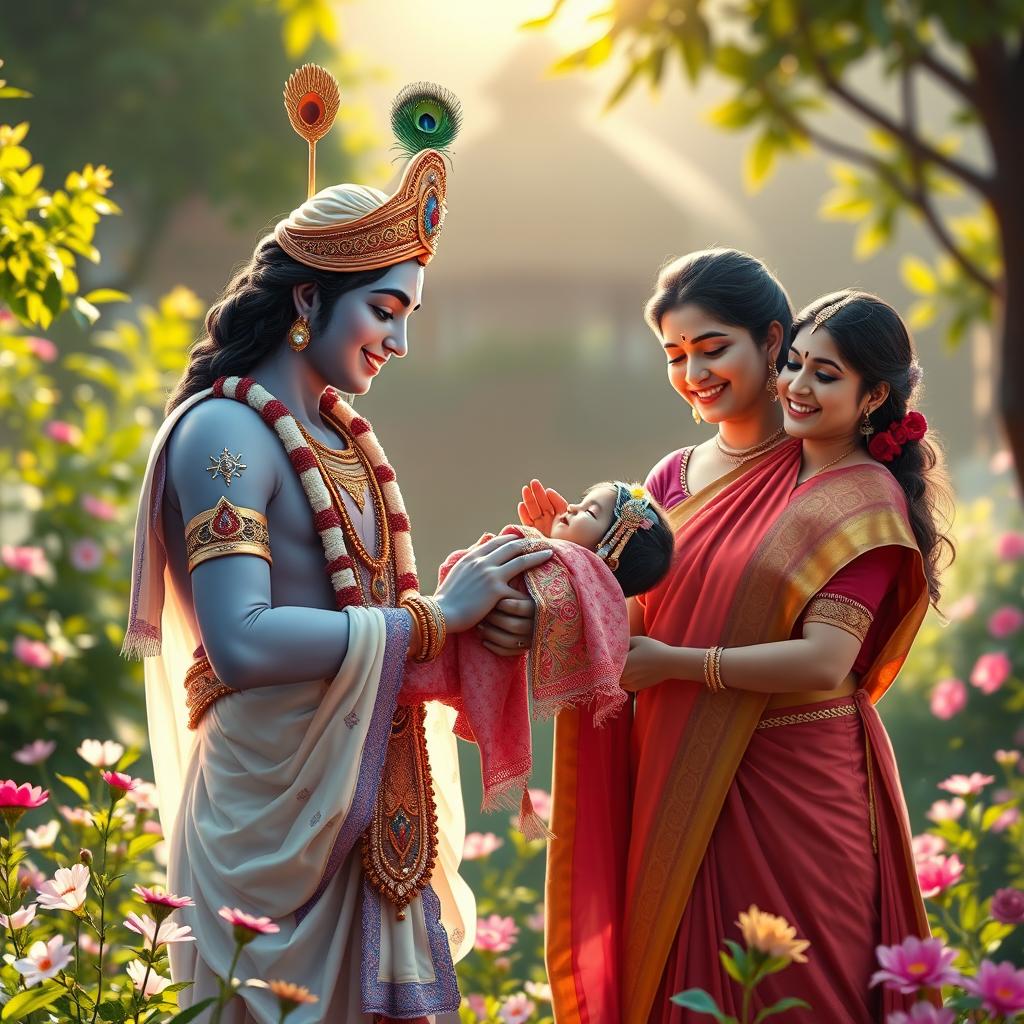 A beautiful scene illustrating Lord Krishna lovingly passing a baby girl to her delighted parents