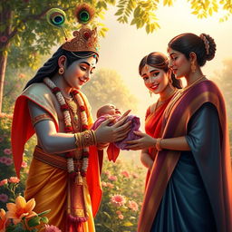 A beautiful scene illustrating Lord Krishna lovingly passing a baby girl to her delighted parents