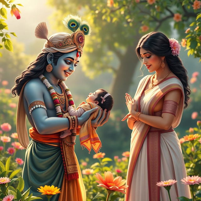 A beautiful scene illustrating Lord Krishna lovingly passing a baby girl to her delighted parents