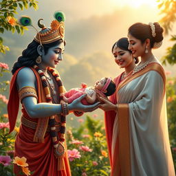 A beautiful scene illustrating Lord Krishna lovingly passing a baby girl to her delighted parents