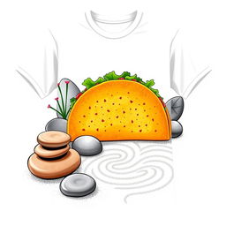 A t-shirt design featuring a colorful taco with an orange tortilla prominently displayed on the front