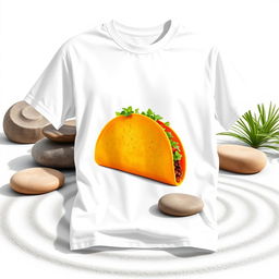 A t-shirt design featuring a colorful taco with an orange tortilla prominently displayed on the front