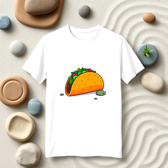 A t-shirt design featuring a colorful taco with an orange tortilla prominently displayed on the front