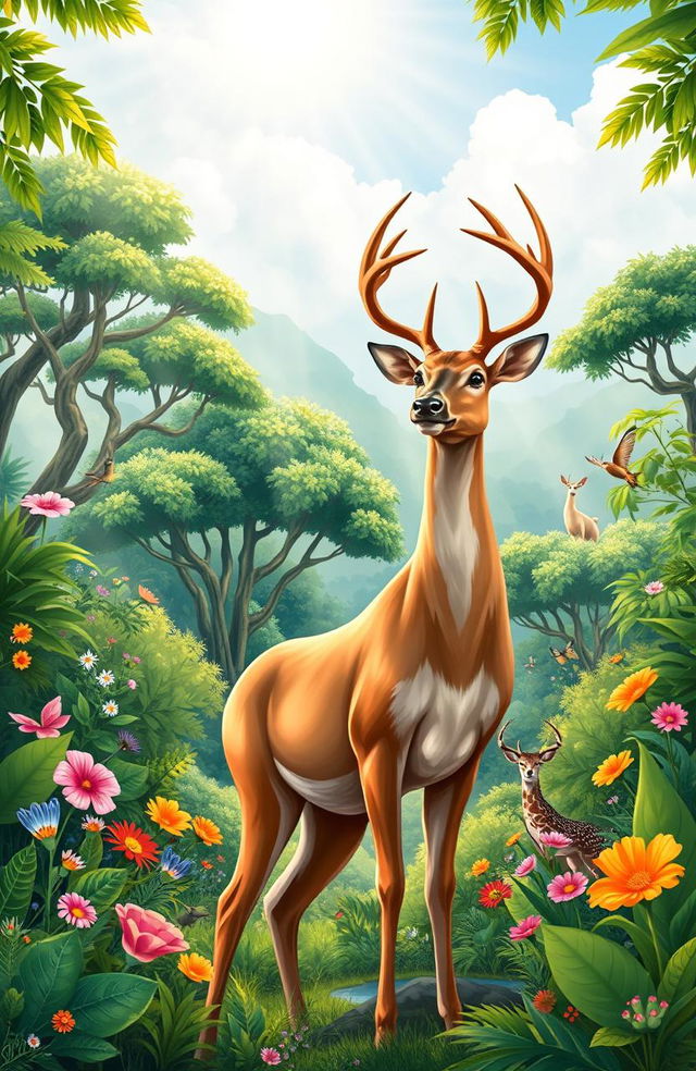 A vibrant and engaging cover illustration that captures the essence of a wildlife sanctuary and conservation theme, featuring a majestic deer standing gracefully in the foreground