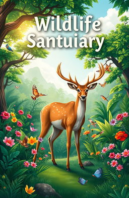 A vibrant and engaging cover illustration that captures the essence of a wildlife sanctuary and conservation theme, featuring a majestic deer standing gracefully in the foreground