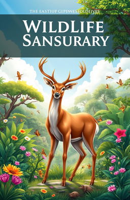 A vibrant and engaging cover illustration that captures the essence of a wildlife sanctuary and conservation theme, featuring a majestic deer standing gracefully in the foreground