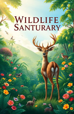 A vibrant and engaging cover illustration that captures the essence of a wildlife sanctuary and conservation theme, featuring a majestic deer standing gracefully in the foreground