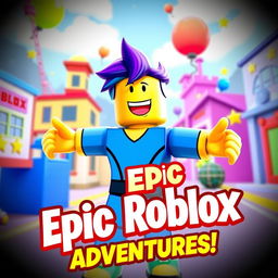 A colorful and engaging YouTube thumbnail for a Roblox video, featuring an animated character from the game in a dynamic pose, smiling and with arms outstretched