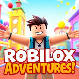 A colorful and engaging YouTube thumbnail for a Roblox video, featuring an animated character from the game in a dynamic pose, smiling and with arms outstretched