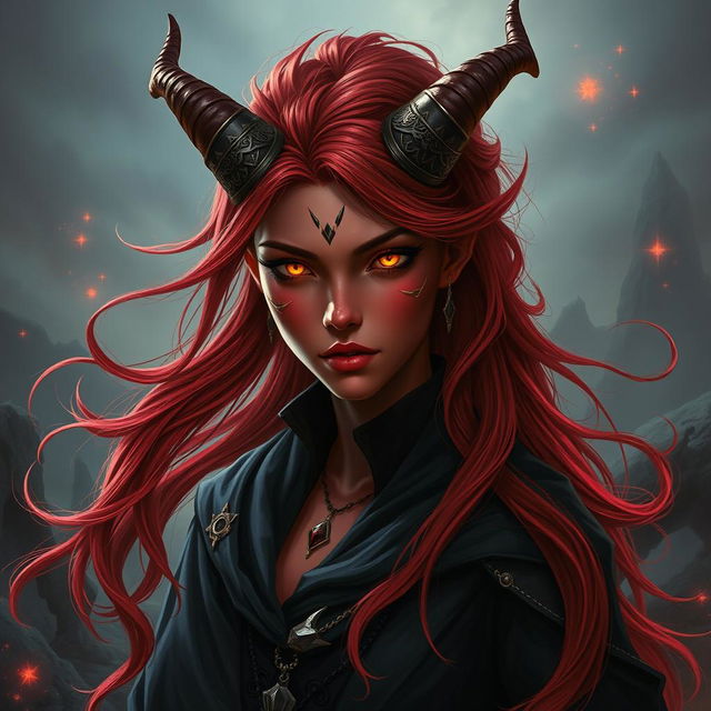 A striking Tiefling sorceress with smoldering crimson skin and wild, flowing red hair cascading around her shoulders