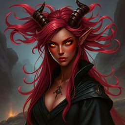 A striking Tiefling sorceress with smoldering crimson skin and wild, flowing red hair cascading around her shoulders