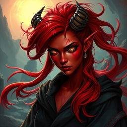 A striking Tiefling sorceress with smoldering crimson skin and wild, flowing red hair cascading around her shoulders