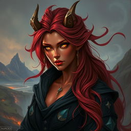 A striking Tiefling sorceress with smoldering crimson skin and wild, flowing red hair cascading around her shoulders