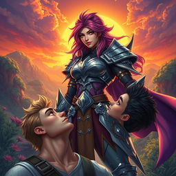 A dynamic and colorful fantasy scene featuring an imposing dickgirl character in a strong and confident pose, wearing intricate armor that reflects a mix of medieval and futuristic styles