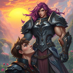 A dynamic and colorful fantasy scene featuring an imposing dickgirl character in a strong and confident pose, wearing intricate armor that reflects a mix of medieval and futuristic styles