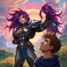 A dynamic and colorful fantasy scene featuring an imposing dickgirl character in a strong and confident pose, wearing intricate armor that reflects a mix of medieval and futuristic styles