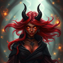 A striking Tiefling sorceress with smoldering crimson skin and wild, flowing red hair