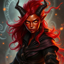 A striking Tiefling sorceress with smoldering crimson skin and wild, flowing red hair