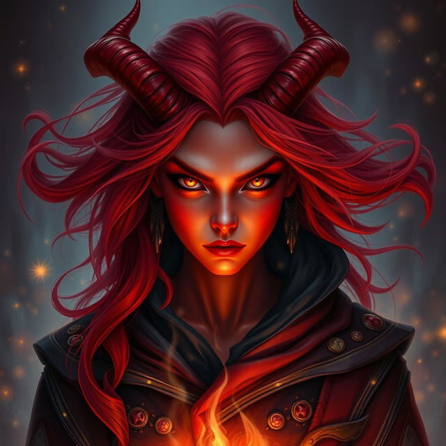 A striking Tiefling sorceress with smoldering crimson skin and wild, flowing red hair